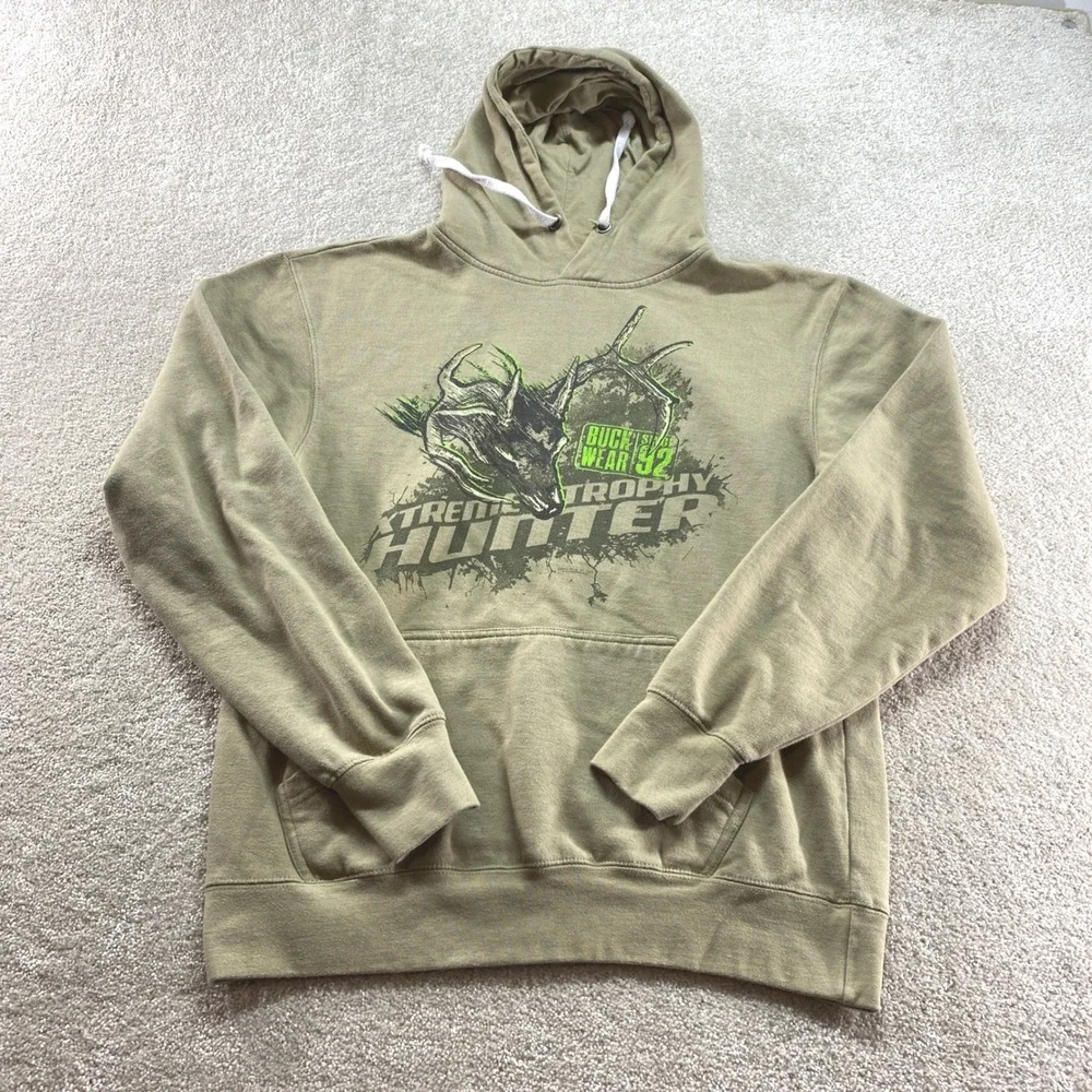 Buck‎ Wear Extreme Trophy Hunter Kids Large Olive Green Excellent Graphic Hoodie